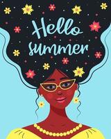 linda garota africana com óculos de sol. olá citação de verão e flores no cabelo.
