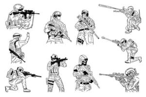 definir o atirador de tropas militares do exército mega coleção pare a ilustração de arte de linha de guerra vetor