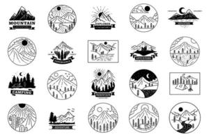 definir mega pacote enorme coleção emblemas de aventura logotipo camping montanha explorador expedições desenhadas à mão ao ar livre vetor