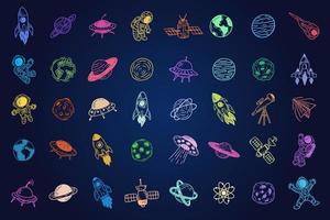 conjunto mega coleção pacote planetário espaço galáxia planetas desenhos animados astronauta mão desenhada doodle colorido arte plana vetor