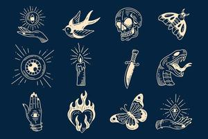 conjunto coleção místico clipart celestial símbolo espaço doodle elementos mágicos esotéricos ilustração vintage vetor