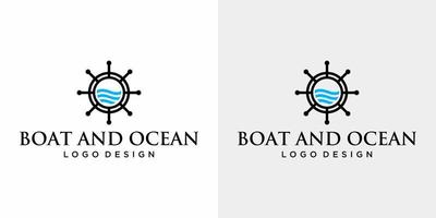 barco simplista e design de logotipo do oceano com fundo branco e preto. vetor