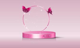 fundo de dia das mães, pódio rosa com borboletas a voar. Plataforma 3D para produto, apresentação cosmética. brincar. pedestal para produtos de beleza. ilustração vetorial bandeira rosa rosa vetor