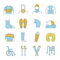 conjunto de ícones de cores de tratamento de trauma. equipamento ortopédico. suspensórios e ataduras, muletas. lesões, pernas quebradas e recuperação de braços. auxílio à mobilidade. ilustrações vetoriais isoladas