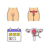 conjunto de ícones de cor de ginecologia. erupção genital, sistema reprodutor feminino, calendário menstrual, exame ginecológico. ilustrações vetoriais isoladas