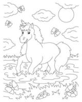 um unicórnio alegre pula na água. página do livro de colorir para crianças. personagem de estilo de desenho animado. ilustração vetorial isolada no fundo branco. vetor