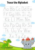 escrevendo cartas. página de rastreamento. ficha prática. planilha para crianças. aprender alfabeto. personagem fofo. ilustração vetorial de cor. estilo de desenho animado.
