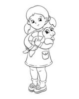 menina bonita está segurando uma tartaruga. página para colorir para crianças. carimbo digital. personagem de estilo de desenho animado. ilustração vetorial isolada no fundo branco. vetor