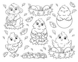 página do livro de colorir para crianças. conjunto de galinhas bonitinhas e coelho. tema de páscoa. personagem de estilo de desenho animado. ilustração vetorial isolada no fundo branco. vetor