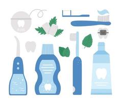 conjunto de vetores de ferramentas de cuidados com os dentes. coleção de elementos para limpar os dentes. equipamentos odontológicos isolados no fundo branco. pasta de dentes, escova, ilustração de fio dental. pacote de ícones de dentista