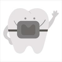 lindo dente kawaii com aparelho. ícone de dentes de vetor para design de crianças. foto engraçada de atendimento odontológico para crianças. clipart de clínica de bebê dentista com conceito de higiene bucal em fundo branco.