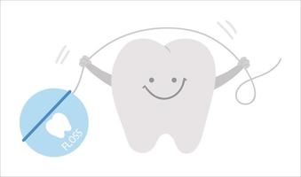 lindo dente kawaii segurando o fio dental. ícone de dentes de vetor para design de crianças. foto engraçada de atendimento odontológico para crianças. clipart de clínica de bebê dentista com conceito de higiene bucal em fundo branco.