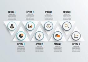 modelo de infográfico de vetor com etiqueta de papel 3d, círculos integrados. conceito de negócio com 8 opções. para conteúdo, diagrama, fluxograma, etapas, peças, infográficos de linha do tempo.