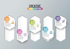 vetor de design de infográficos e ícones de marketing podem ser usados para layout de fluxo de trabalho, diagrama, relatório anual, design de web. conceito de negócio com 5 opções, etapas ou processos.