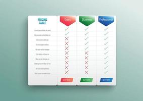 lista de preços de comparação. comparando preço ou gráfico de plano de produtos comparar produtos compra de negócios desconto hospedagem grade de imagens. tabela de custos de serviços modelo de infográficos de planejamento de menu ilimitado. vetor