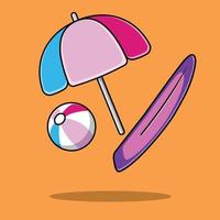 guarda-chuva de praia com balões de praia e ilustração de ícone de vetor de desenhos animados de prancha de surf. conceito de ícone de esporte de verão isolado vetor premium