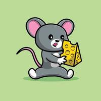 rato bonito sentado segurando a ilustração do ícone do vetor dos desenhos animados de queijo. conceito de ícone de comida animal isolado vetor premium.