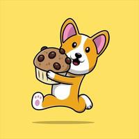 cão bonito corgi segurando a ilustração de ícone de vetor de desenho de bolo de xícara. conceito de ícone de comida animal isolado vetor premium