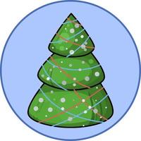 árvore de natal verde dos desenhos animados decorada com bolas multicoloridas redondas em um fundo azul redondo, elemento de design, crachá, emblema. ilustração vetorial vetor