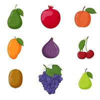 conjunto de frutas. comida vegetariana, conceito de alimentação saudável. abacate, romã, pêssego, manga, figo, cereja kiwi uva ilustração vetorial plana