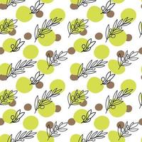um padrão perfeito de raminhos de azeitona, elementos de doodle desenhados no estilo de desenho. verde-oliva com frutas e manchas abstratas em um fundo branco. azeitonas vetor