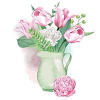 buquê de tulipas e samambaias rosa e branco em frasco verde claro, ilustração em aquarela vetorial desenhada à mão vetor