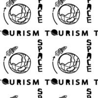 um padrão perfeito de um planeta com um foguete e letras estilizadas, doodle desenhado à mão. Turismo espacial. um foguete decolando ao redor da terra. espaço vetor