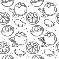 um padrão perfeito de frutas e folhas de mangostão, elementos de doodle esboçados desenhados à mão. fruta exótica. Tailândia. ilustração vetorial vetor