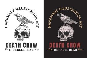 conjunto crânio corvo corvo ilustração escura besta crânio ossos cabeça mão desenhada incubação contorno símbolo tatuagem mercadoria camiseta merch vintage