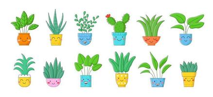 conjunto de personagens fofos de plantas de casa. kawaii enfrenta vasos de flores. ilustração vetorial dos desenhos animados sobre fundo branco. vetor