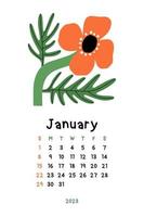 lindo calendário floral - 2023. modelo de vetor para impressão botânico. calendário mensal com flor desenhada à mão.