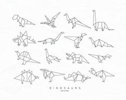 conjunto de dinossauros em tiranossauro estilo origami plano, pterodáctilo, barossauro, estegossauro, deinonico, euoplocéfalo, triceratops braquiossauro desenho com linhas pretas sobre fundo branco vetor