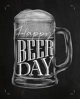 cartaz de vidro de cerveja letras feliz dia da cerveja desenho em estilo vintage com giz no fundo do quadro-negro