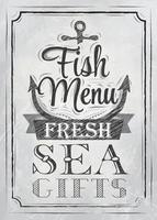 cartaz menu de peixe presentes do mar fresco em estilo retro desenho estilizado em carvão a bordo vetor