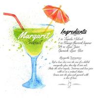margaret cocktails desenhados em aquarela borrões e manchas com um spray, incluindo receitas e ingredientes vetor