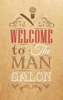 barbearia de pôster bem-vindo ao salão de homem em estilo retrô e estilizado para o desenho em papel kraft de vermelho, branco, marrom. vetor