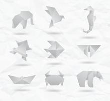 conjunto de símbolos de animais de origami branco de elefante de papel, pássaro, cavalo-marinho, peixe, borboleta, urso, caranguejo, peixe vetor