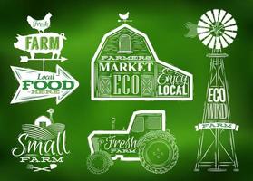 personagens de fazenda em letras de estilo vintage no celeiro de trator e o moinho e o campo de sinal desenho estilizado em verde vetor