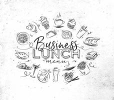 Monograma de almoço de negócios com ícone de comida desenhado no fundo de papel sujo vetor