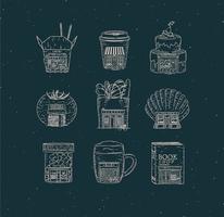 conjunto de confeitaria de vitrine, café, padaria, vegetal, livro, comida asiática, farmácia, bar, peixaria desenho em estilo vintage em fundo azul escuro vetor