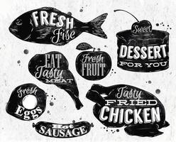 comer símbolo em retro vintage em ovos de panela de letras de giz, maçã, frango, bolo, peixe, carne, salsicha