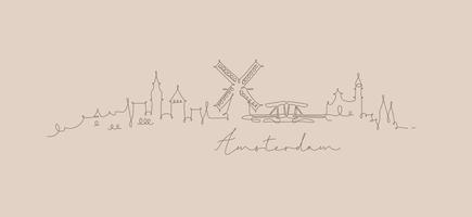 silhueta da cidade amsterdã em desenho de estilo de linha de caneta com linhas marrons em fundo bege vetor