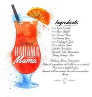 Bahama mama coquetéis borrões de aquarela desenhados e manchas com um spray, incluindo receitas e ingredientes vetor
