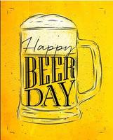 cartaz de vidro de cerveja letras feliz dia da cerveja desenhando em estilo vintage com carvão em fundo de papel amarelo