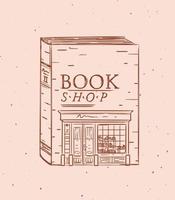 reserve uma vitrine de livraria desenhando em estilo vintage em fundo de cor pêssego vetor