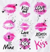 sinais de beijo de batom imprime lábios cor de rosa letras sobre amor vetor