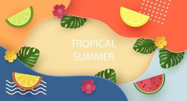 verão tropical. banner horizontal com folhas tropicais, plantas, manchas de flores da moda e fatias de limão e laranja. ilustração vetorial vetor