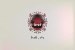 logotipo do portão torii com pôr do sol vermelho e bambu vetor