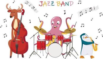 personagens de banda de jazz de animais de música vetorial. animais bonitos dos desenhos animados tocando música. vetor