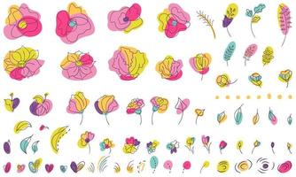 elementos florais de verão de cores brilhantes com tendência de arte de linha. flores e lâminas de cores neon estilizadas e folhas e manchas vetor